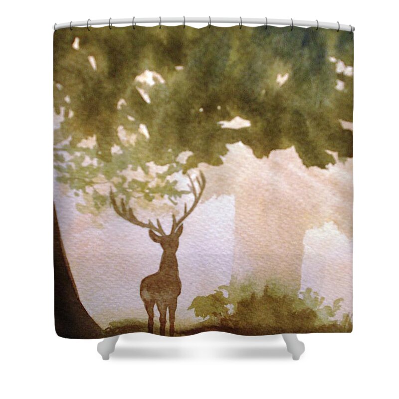 Stag Shower Curtain featuring the painting Edge of the Forrest by Marilyn Jacobson