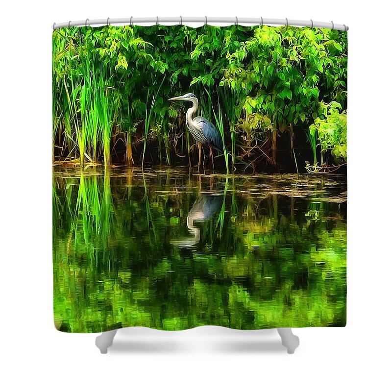 Egret Shower Curtain featuring the digital art Egret at the pond by Lilia D