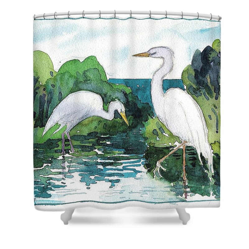 Egret Shower Curtain featuring the painting Egret Pair by Catinka Knoth