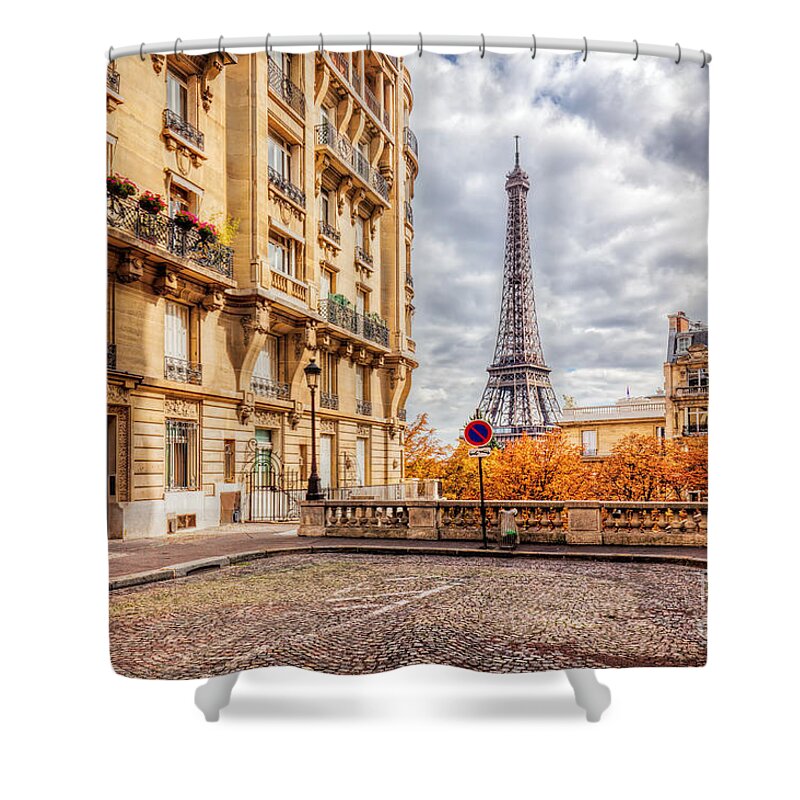 Paris Shower Curtain featuring the photograph Eiffel Tower seen from the street in Paris, France. Cobblestone pavement by Michal Bednarek