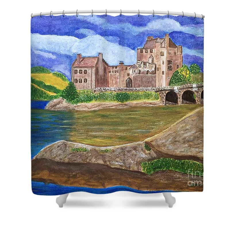 Eilean Donan Castle Shower Curtain featuring the painting Eilean Donan Castle, Scotland by Gina Nicolae Johnson
