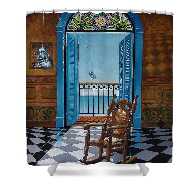 Spheres Shower Curtain featuring the painting El sillon de abuelita by Roger Calle
