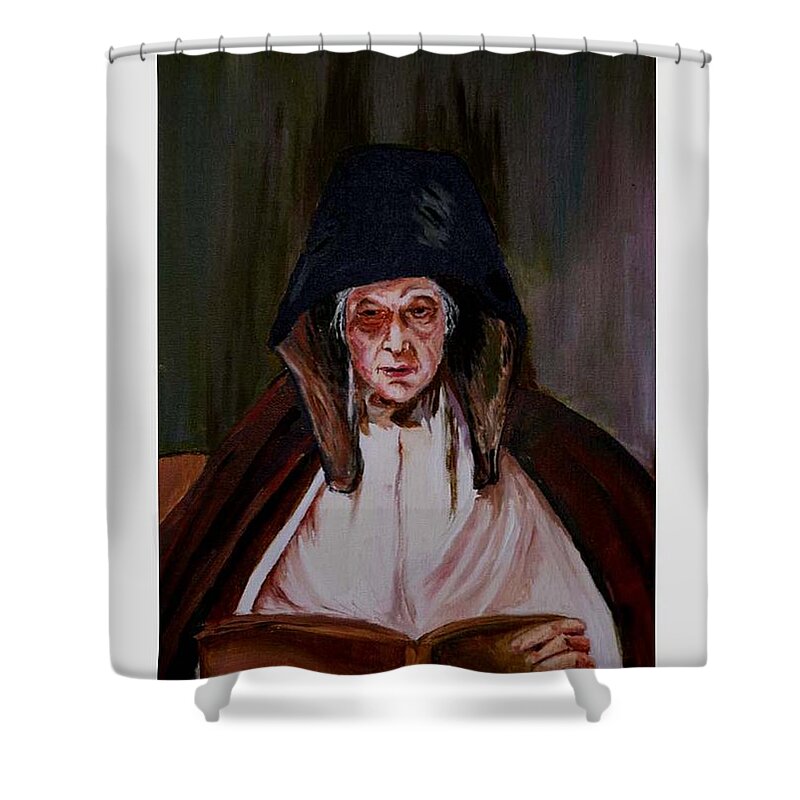 Old Lady Shower Curtain featuring the painting Elderly lady reading a book by Asha Sudhaker Shenoy