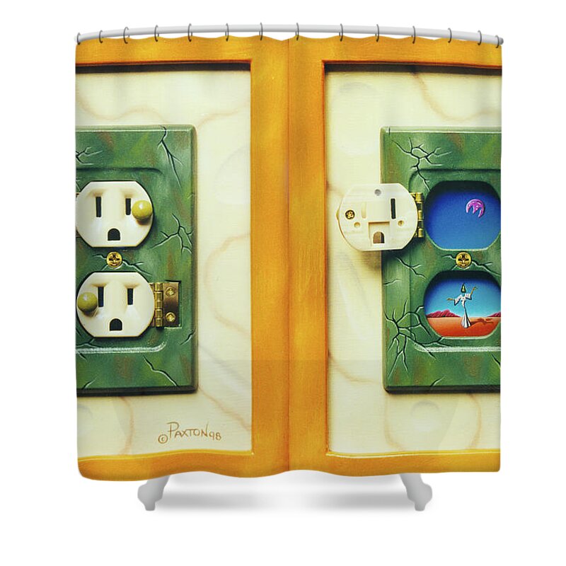  Shower Curtain featuring the painting Electric View miniature shown closed and open by Paxton Mobley