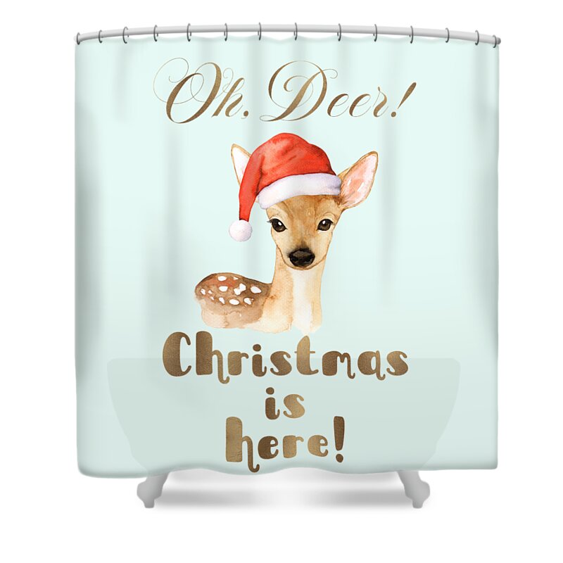 Christmas Shower Curtain featuring the painting Elegant Gold Oh Deer Christmas is here Deer Santa by Georgeta Blanaru