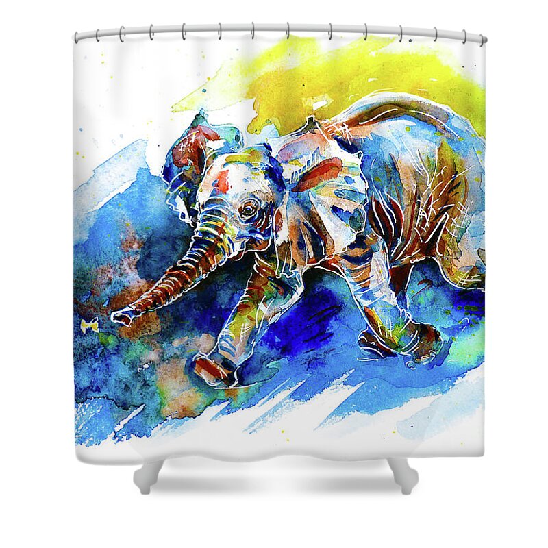Elephant Shower Curtain featuring the painting Elephant Calf playing with Butterfly by Zaira Dzhaubaeva