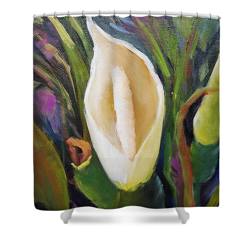 Flower Shower Curtain featuring the painting Elephant Ear Bloom by Barbara Haviland