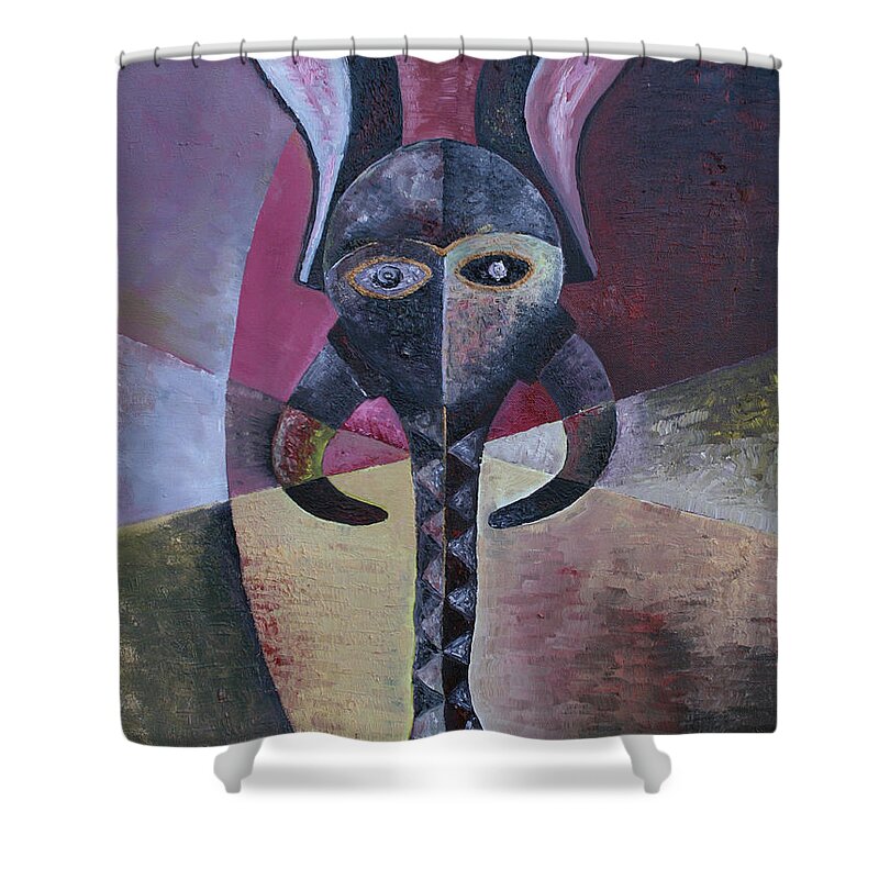 Elephant Mask Shower Curtain featuring the painting Elephant Mask by Obi-Tabot Tabe