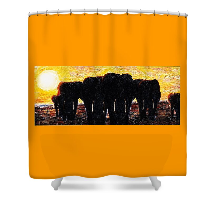 Elephants Shower Curtain featuring the painting Elephants Sunset by Hartmut Jager