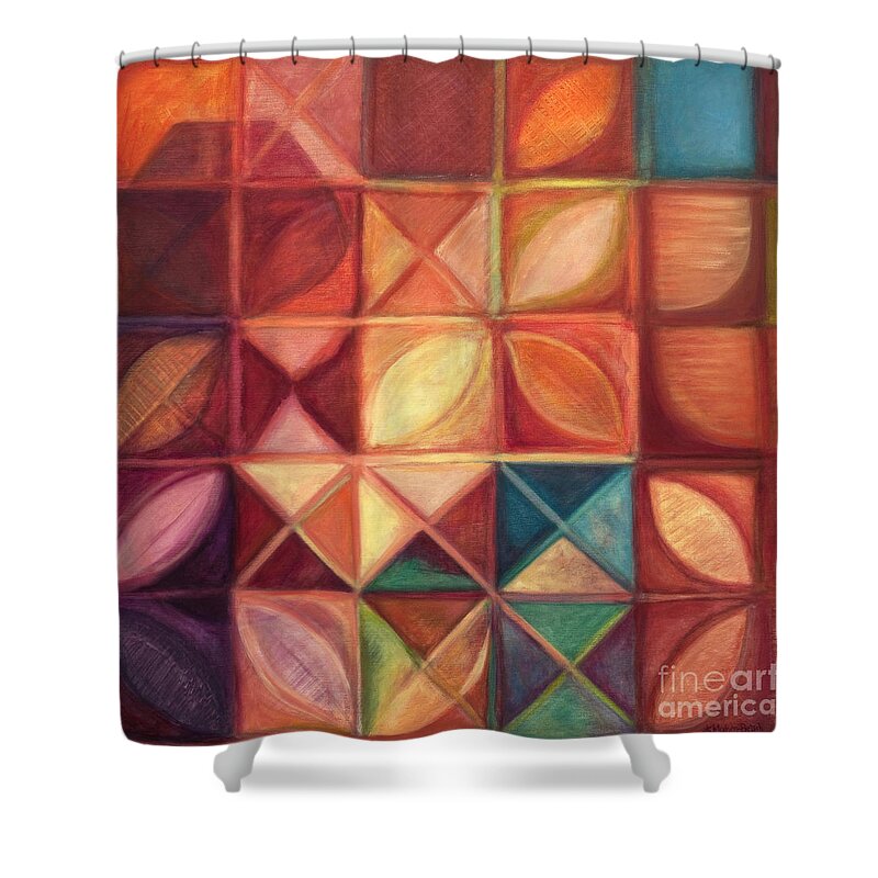 Red Shower Curtain featuring the painting Elevating The Spirit - Finding Heart by Kerryn Madsen-Pietsch