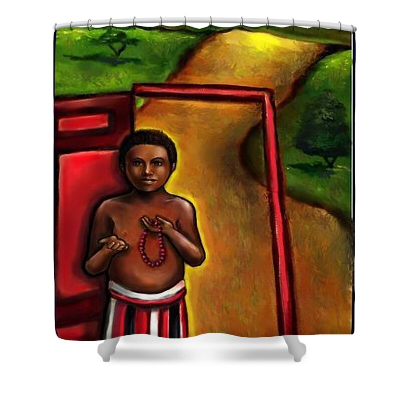 Ellegua Shower Curtain featuring the painting Elegua -Guardian of Crossroads by Carmen Cordova