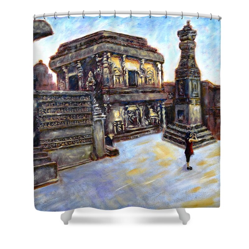 Ellora Caves Shower Curtain featuring the painting Ellora Caves - Kailash Temple by Uma Krishnamoorthy