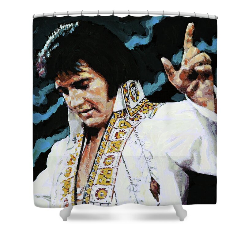 Elvis Presley Shower Curtain featuring the painting Elvis - How Great Thou Art by John Lautermilch