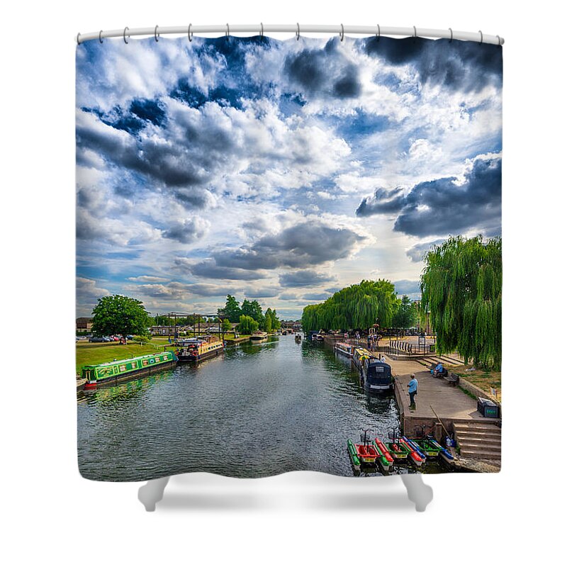 Blue Sky Shower Curtain featuring the photograph Ely Riverside by James Billings