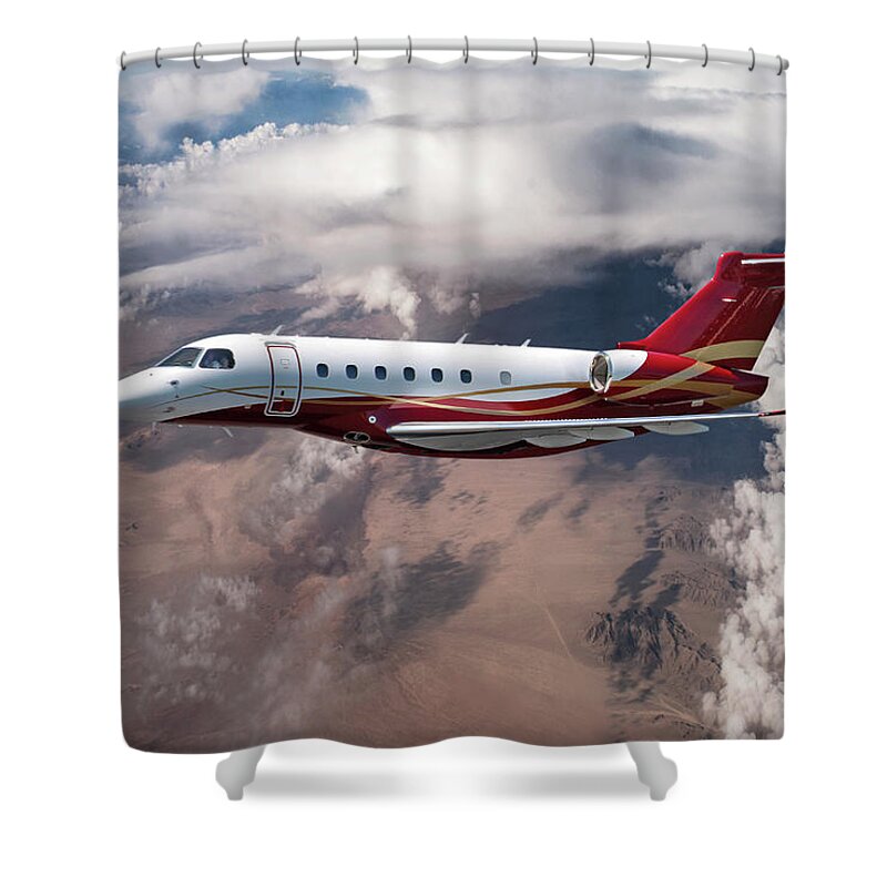 Embraer Aircraft Shower Curtain featuring the mixed media EMB-550 at Altitude by Erik Simonsen