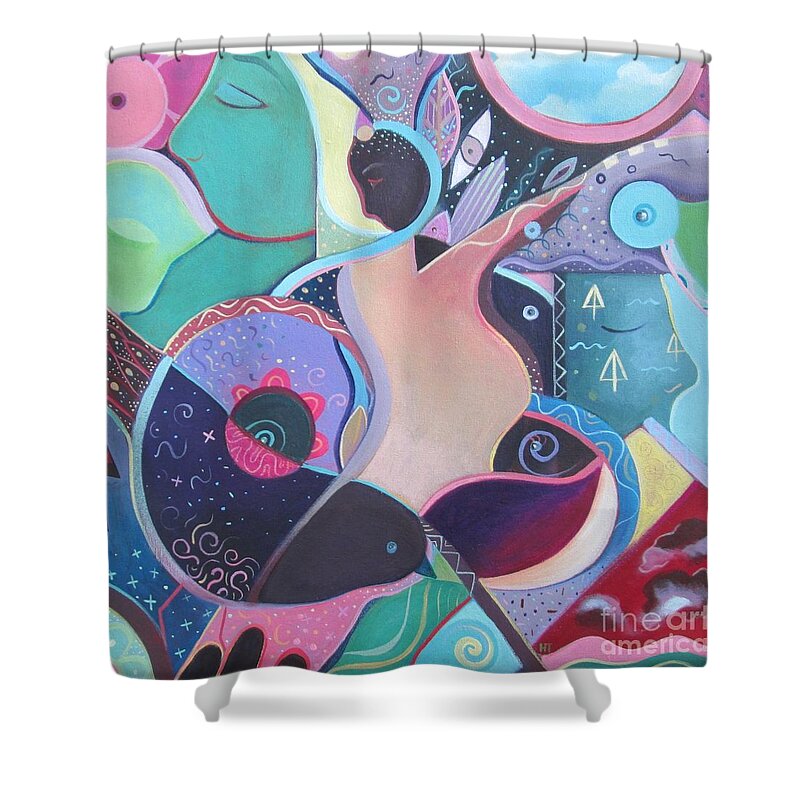 Abstract Shower Curtain featuring the painting Embrace by Helena Tiainen
