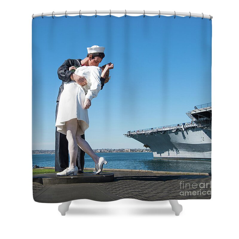 Embracing Peace Sculpture Shower Curtain featuring the photograph Embracing Peace Sculpture and USS Midway Aircraft Carrier by David Levin