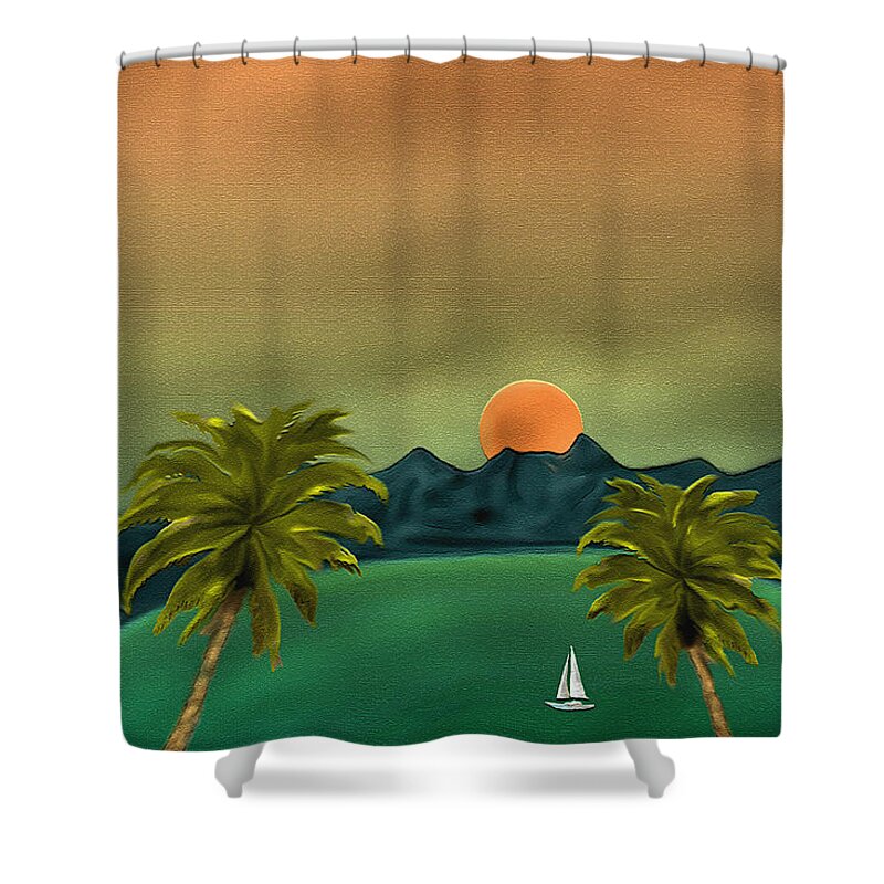 Tropical Island Ocean Sea Seascape Palms Sunset Sailing Sailboat Nature Gordon Beck Art Shower Curtain featuring the painting Emerald Bay by Gordon Beck