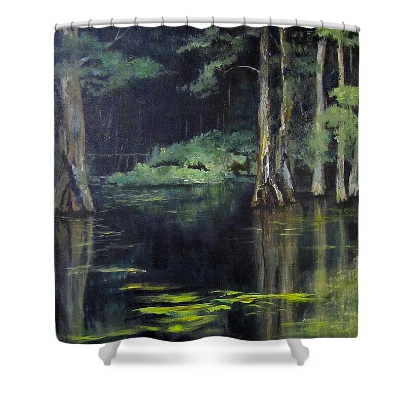Landscape Shower Curtain featuring the painting Emerald Bayou by Barbara O'Toole