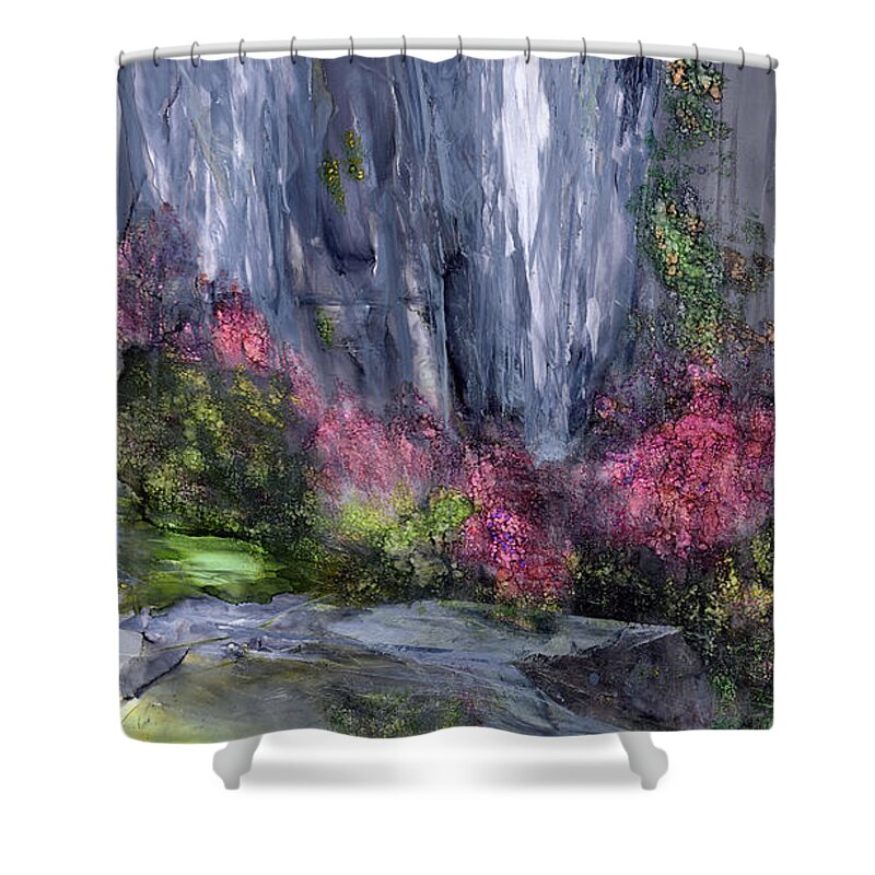 Abstract Landscape Shower Curtain featuring the painting Emerald Grotto by Charlene Fuhrman-Schulz
