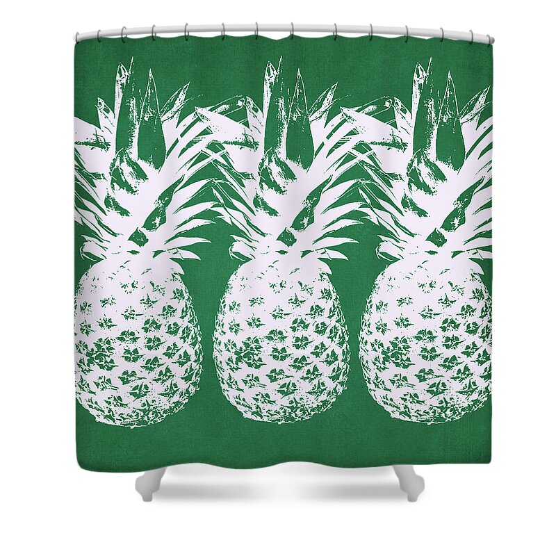 Pineapple Shower Curtain featuring the mixed media Emerald Pineapples- Art by Linda Woods by Linda Woods