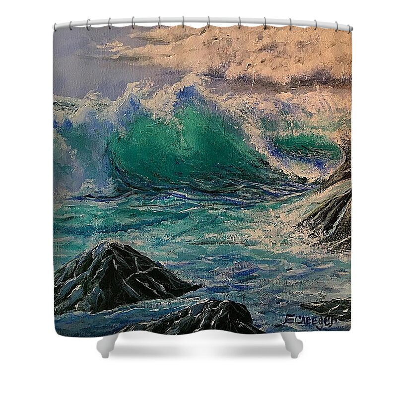 Sea Cliffs Shower Curtain featuring the painting Emerald Sea by Esperanza Creeger