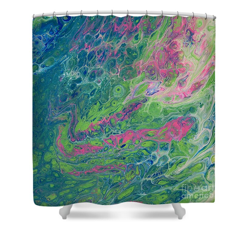 Blue Shower Curtain featuring the painting Emerging Pink by Shelly Tschupp