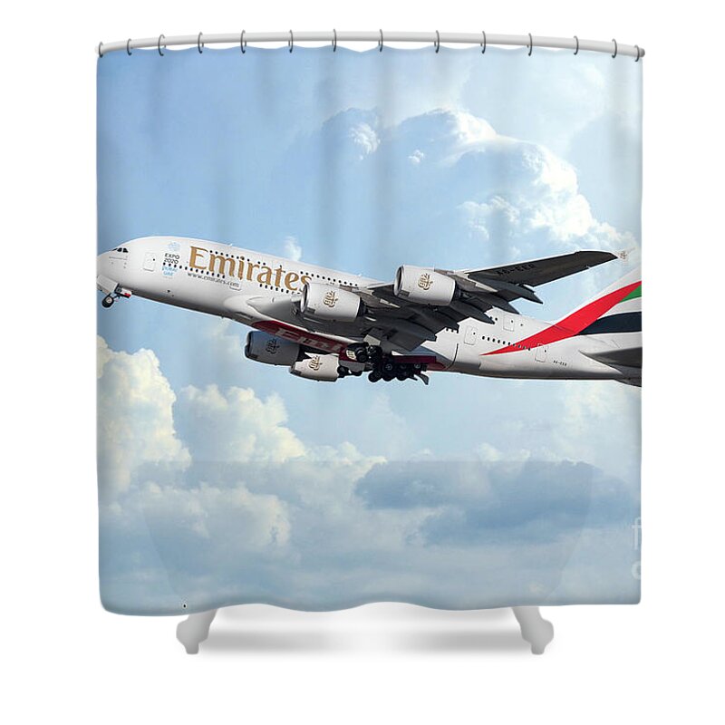 A380 Shower Curtain featuring the digital art Emirates A380-800 A6-EER by Airpower Art