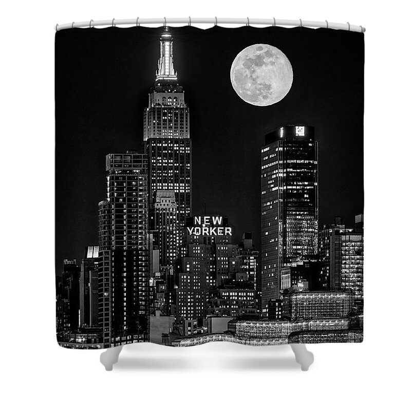 Empire State Shower Curtain featuring the photograph Empire State ESB Super Moon NYC BW by Susan Candelario
