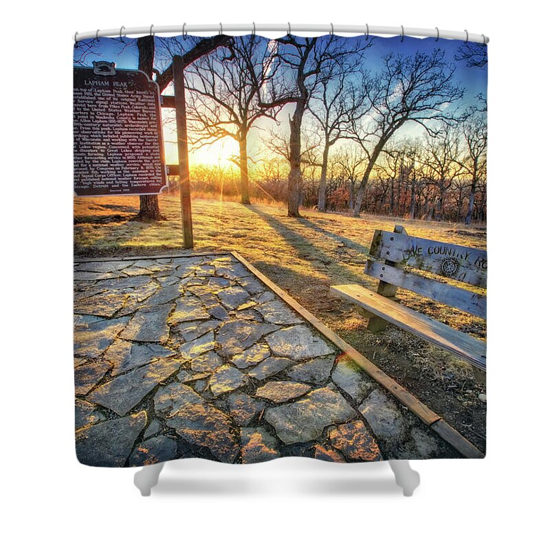 Wisconsin Sunset Shower Curtain featuring the photograph Empty Park Bench - Sunset at Lapham Peak by Jennifer Rondinelli Reilly - Fine Art Photography