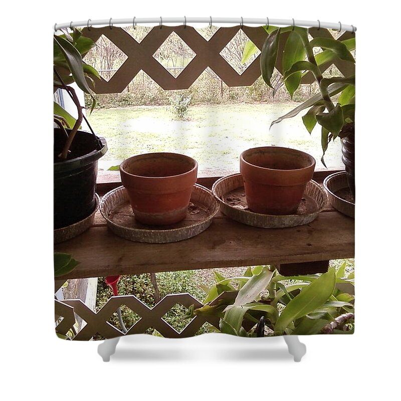 Plants Pots Latice Aluminum Pans Greenery Shower Curtain featuring the photograph Empty Pots by Cindy New