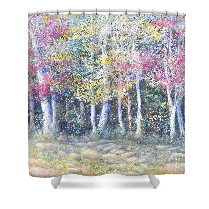 Fall Colors Shower Curtain featuring the painting Enchanced Tree Pageant by Penny Neimiller