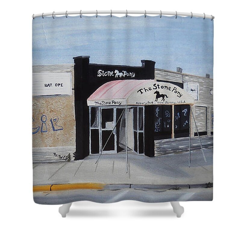 Acrylic Painting Of The Stone Pony Shower Curtain featuring the painting End of an Era by Patricia Arroyo