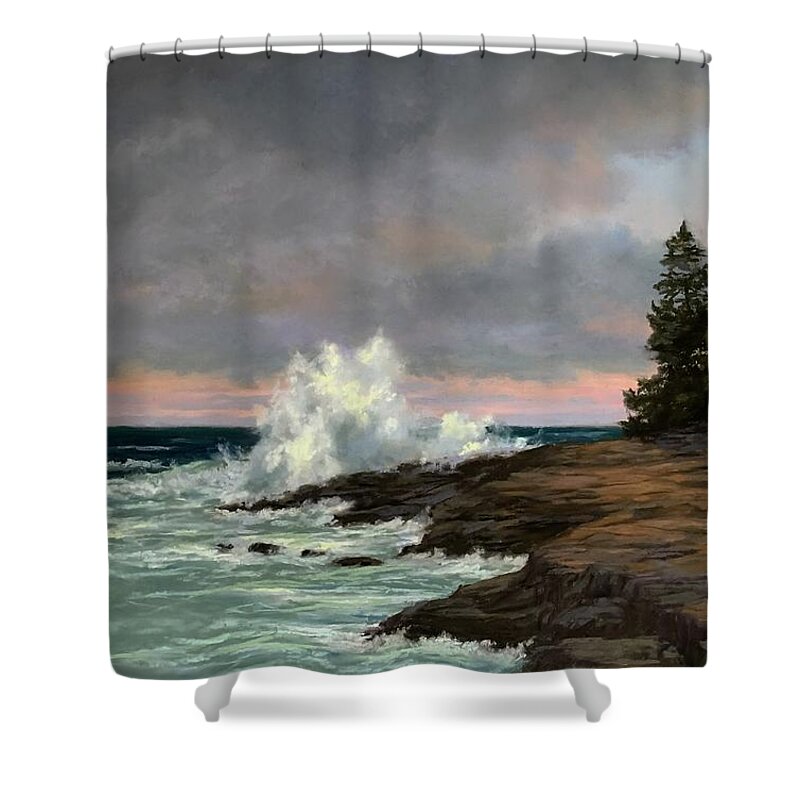 Waves Sunset Sunrise Pine Trees Ocean Seascape Landscape Water Sea Clouds Rocks Shoreline Shower Curtain featuring the pastel End of the Day by Candice Ferguson