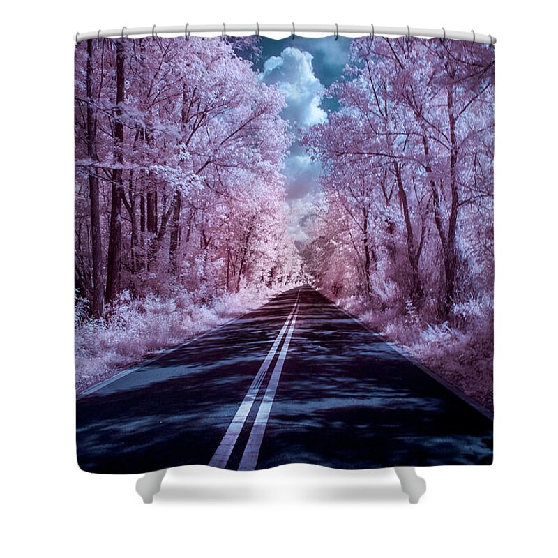 Nature # Tree # Ir # Infrared # Infrared Photography # Ir Photography # Tree Infrared # Nature Infrared # R72 Infrared # Hoya # Florida # United States #north Central Florida # Shower Curtain featuring the photograph End of the Road by Louis Ferreira