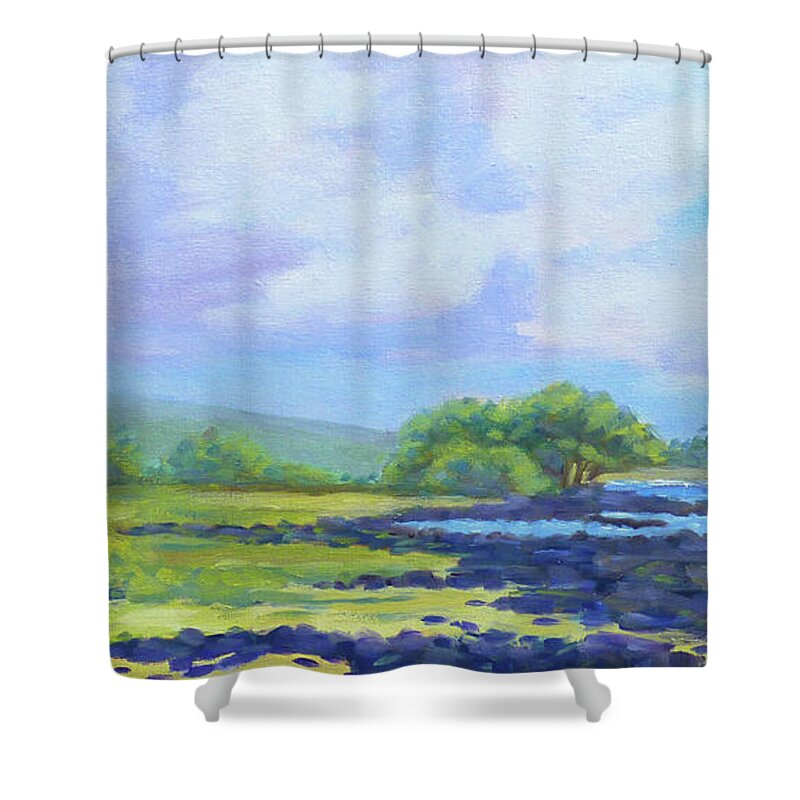 Landscape Shower Curtain featuring the painting Energy Lab Beach Sky by Stan Chraminski