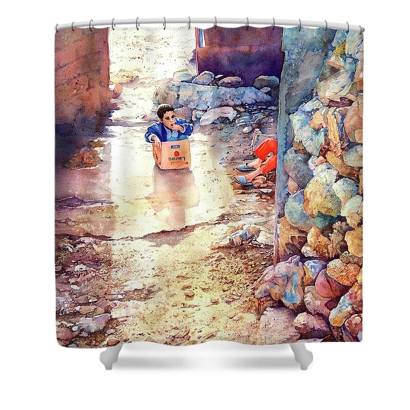Kid Shower Curtain featuring the painting Enfants - Atlas - Maroc by Francoise Chauray