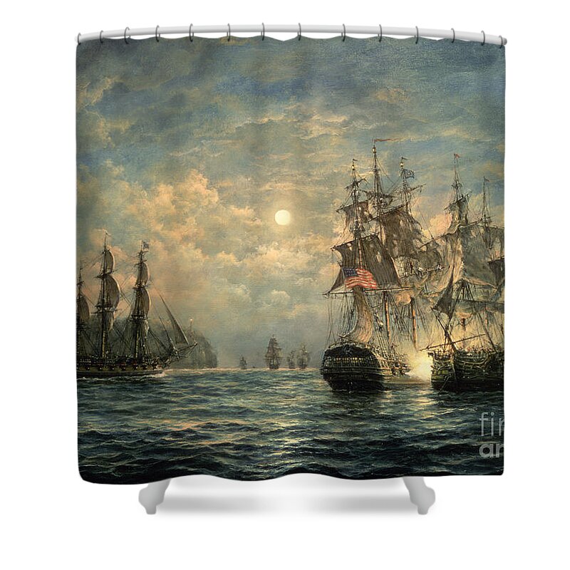 American War Of Independence Shower Curtain featuring the painting Engagement Between the 'Bonhomme Richard' and the ' Serapis' off Flamborough Head by Richard Willis