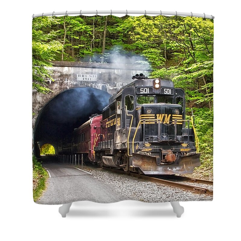 Train Shower Curtain featuring the photograph Engine 501 coming through the Brush Tunnel by Jeannette Hunt