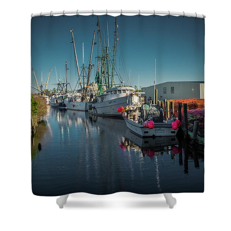 Fishing Boats Shower Curtain featuring the photograph Englehardt,NC Fishing Town by Donald Brown