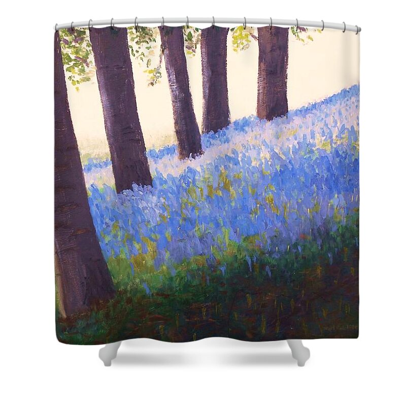 Bluebells Shower Curtain featuring the painting English Bluebells at Sunrise by Nigel Radcliffe