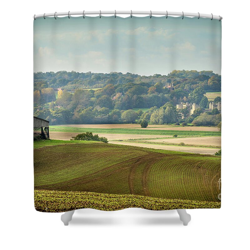 English Shower Curtain featuring the photograph English Landscape, Bodiam Castle by Perry Rodriguez