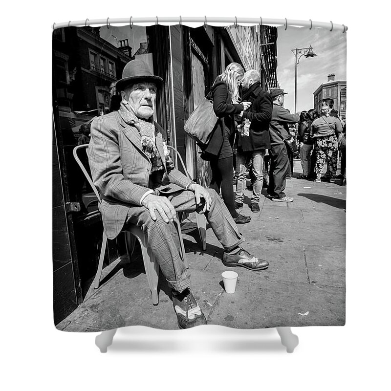 Old Man Shower Curtain featuring the photograph English Senior Wearing Spats in Brick Lane London by John Williams