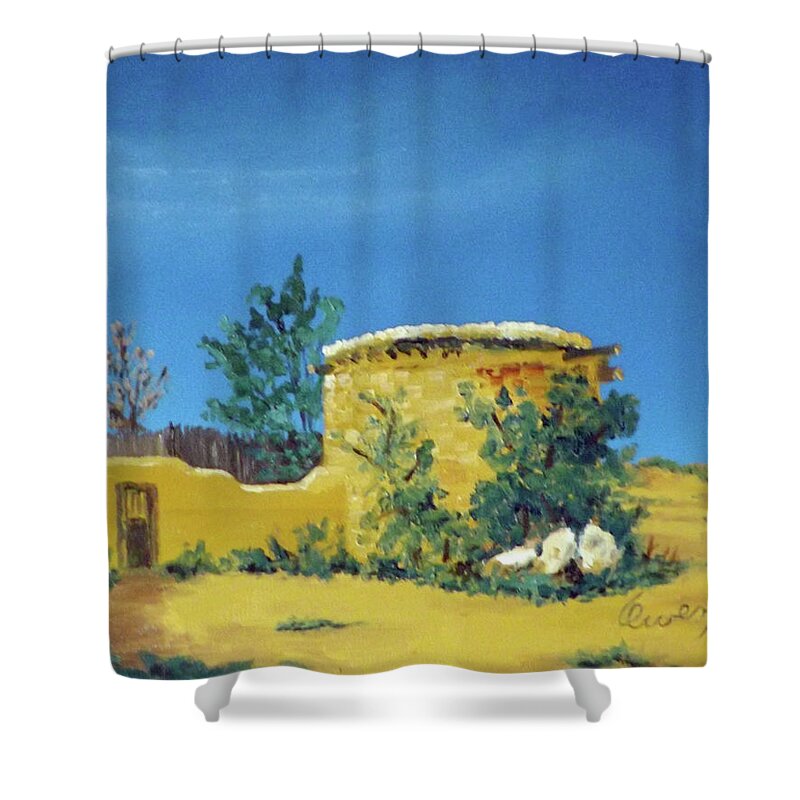 Landscape Shower Curtain featuring the painting Entry Tower by Carl Owen