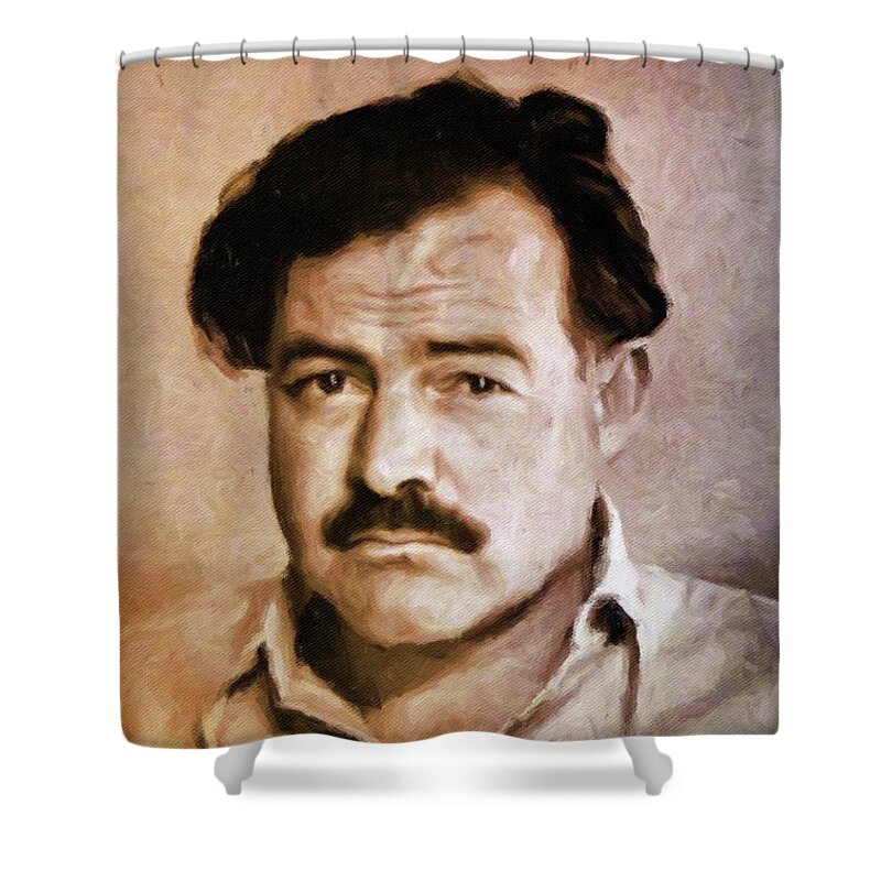 Writer Shower Curtain featuring the painting Ernest Hemingway, Literary Legend by Mary Bassett by Esoterica Art Agency