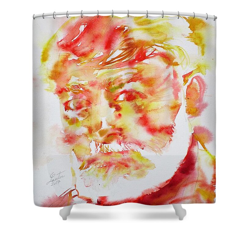 Hemingway Shower Curtain featuring the painting ERNEST HEMINGWAY - watercolor portrait.11 by Fabrizio Cassetta