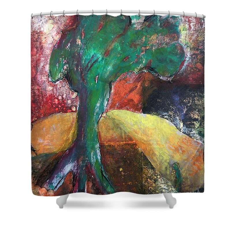 Abstract Tree Shower Curtain featuring the painting Escaped the Blaze by Elizabeth Fontaine-Barr