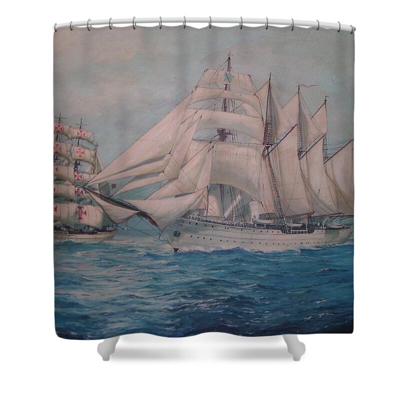 Sea Scape Shower Curtain featuring the painting Esmerelda and the Sagres Tall Ships by Perry's Fine Art