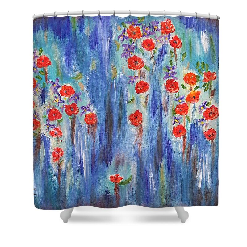 Red Shower Curtain featuring the painting Ethereal Blooms by Neslihan Ergul Colley