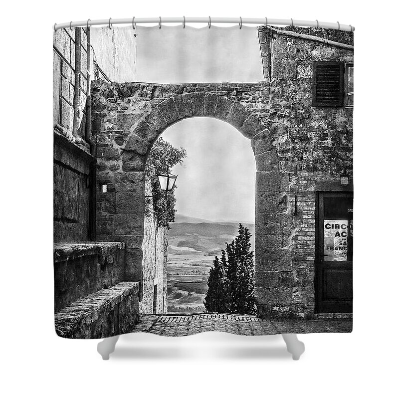 Italy Shower Curtain featuring the photograph Etruscan Arch B/W by Hanny Heim